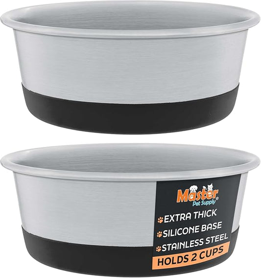 Master Pet Supply Stainless Steel Dog Bowls Set of 2 with Extra Thick Silicone Base - 2 Cup (16 oz) Black Velvet, Non-Slip, Dishwasher Safe Metal Bowls, Pet Dog Food Bowl for Dogs, Cats, Anti Rust