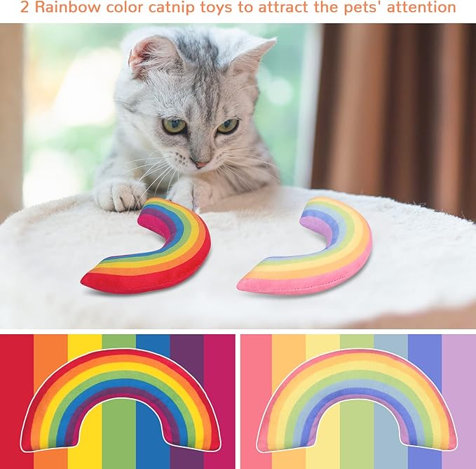 ETEKYER Catnip Toys for Indoor Cats Kitten, Kitty Toys Rainbow Cat Kicker Pillow 2Pcs, Interactive Fun Cat Nip Chew Teeth Cleaning Toys for All Pet Breed