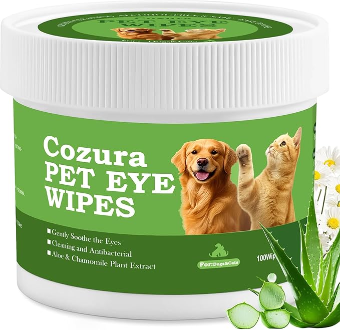 Cozura Dog & Cat Eye Wipes, Unscented 100ct Tear Stain Remover Pads - Hypoallergenic Pet Eye Cleaner for Discharge & Crust - Fragrance Free Grooming Wipes for Sensitive Eyes, Wrinkles & Folds
