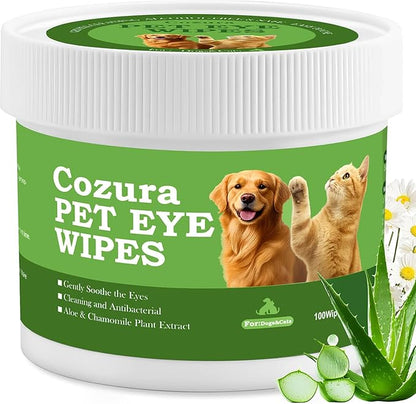 Cozura Dog & Cat Eye Wipes, Unscented 100ct Tear Stain Remover Pads - Hypoallergenic Pet Eye Cleaner for Discharge & Crust - Fragrance Free Grooming Wipes for Sensitive Eyes, Wrinkles & Folds