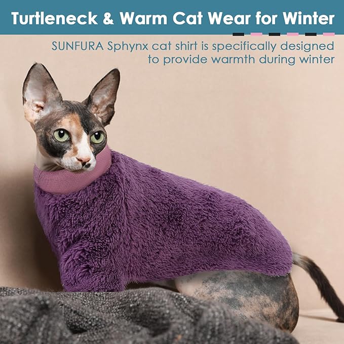 SUNFURA Sphynx Cat Sweater, Hairless Cats Turtleneck Pullover Kitten Sweaters for Cats Only, Warm and Soft Cat Pajamas Shirt with Sleeves Pet Winter Clothes Fleece Jumpsuit for Puppy, Purple L