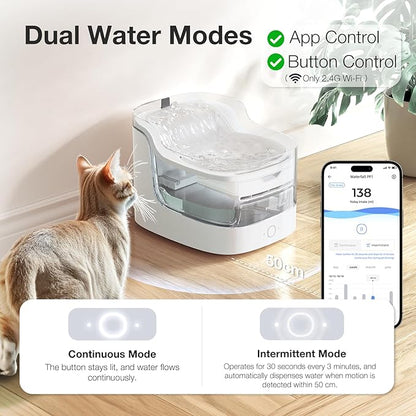 PETGUGU Cat Water Fountain, Automatic Water Dispenser, 2L Pet Water Fountain Transparent Water Tank, 8 Layers Filters Cat Fountain Dog Water Fountain Wireless Pump 2.4G WiFi PF1L
