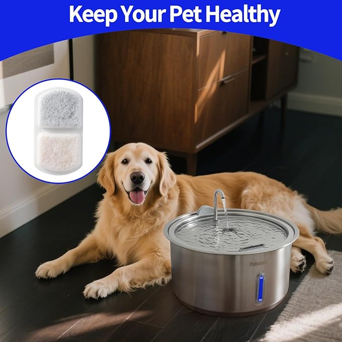 Petsamuse Dog Water Fountain for Large Pets,11L/3G Stainless Steel Fountain Triple Filtration, Great for Large Dogs Cats and Multi-Pet Home (12Set Filters for 11L Automatic Circulating Dog Fountain)