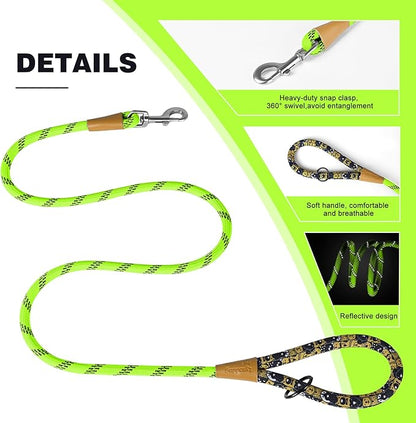 lynxking Rope Dog Leash 6 FT with Comfortable Padded Handle, Highly Reflective Threads Leash for Small Medium Large Dogs (Light Green, Large 1/2in x 6ft-Rope Clasp)