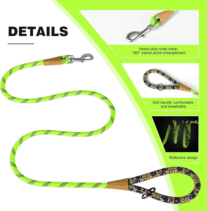lynxking Rope Dog Leash 6 FT with Comfortable Padded Handle, Highly Reflective Threads Leash for Small Medium Large Dogs (Light Green, 2PCS Large 1/2in x 6ft-Rope Clasp)