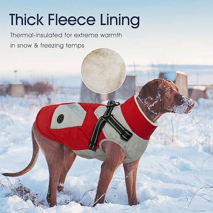 IECOii Large Dog Coat with Harness Built in,Reflective Waterproof Dog Coat for Giant Breeds - Zip Up Fleece Jacket for Dogs,Great Dane Winter Coats Warm Snowsuit for Cold Weather, Red, 4XL