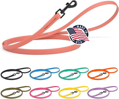 Dogline Biothane Waterproof Dog Leash Strong Coated Nylon Webbing with Black Hardware Odor-Proof Easy to Clean High Performance for Small or Large Dogs Made in USA 4 or 6 ft Lead, Coral