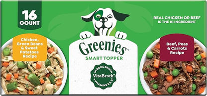 Greenies Smart Topper Wet Dog Food Complement Variety Pack, Chicken Green Beans & Sweet Potatoes Recipe and Beef Peas & Carrots Recipe Variety Pack, 16 Count