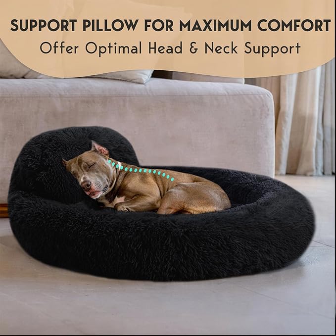 PetJett Calming Dog Beds Large Sized Dog - 36'' Round Bed, Anti-Slip & Washable Super Soft Donut Bed, Fluffy Faux Fur Anti-Anxiety Premium Comfort Pet Bed, Fits Dogs up to 80 lbs - Black