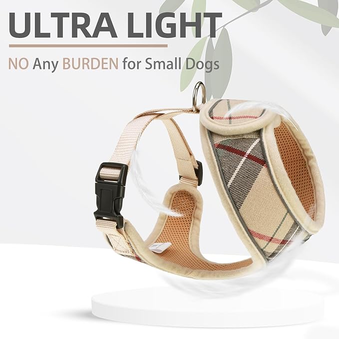 PUPTECK Soft Mesh Dog Harness Small Sized and Leash Set Pet Puppy Cat Comfort Padded Vest No Pull Harnesses, Beige Plaid, M