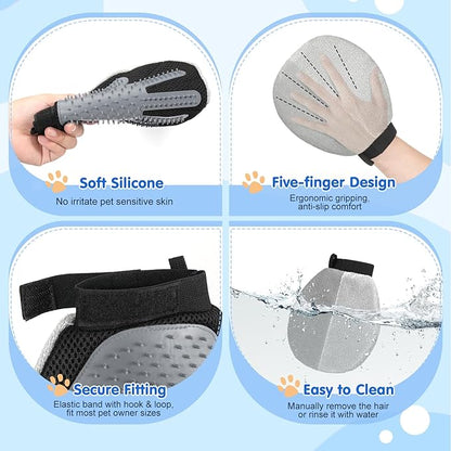 Pawaboo 2 Pack Pet Hair Removal Gloves, Dual-Side Electrostatic Hair Removal & Silicone Fur Brush for Dogs and Cats, Reusable Five-Finger Pet Fur Grooming Glove for Couch Carpet Clothes, Grey