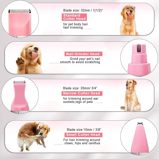 Veeconn Dog Grooming Clippers Kit-Electric Rechargeable Cat Trimmer Tools-Cordless Quiet Pet Nail Paw Grinder-4 in 1 Multifunctional Low Noise Shaver-Razor for feet Face Ears Toenail Eye（Pink）