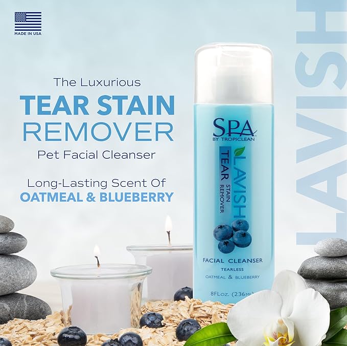 TropiClean SPA Tear Stain Remover for Dogs | Blueberry Facial Shampoo | Odor Eliminator | Tearless | Whitening and Brightening | Made in USA | 8oz.