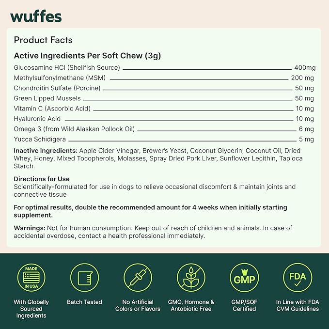 Wuffes Advanced Dog Hip and Joint Supplement with Glucosamine, Chondroitin, Omega 3, MSM, and Green Lipped Mussel, 60 Pork Flavored Chews for Small and Medium Dog Breeds