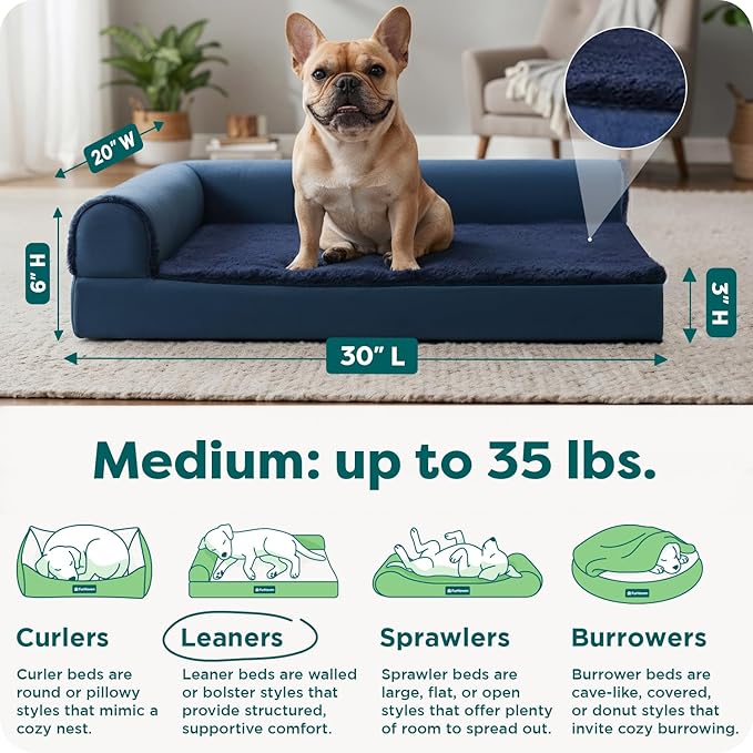 FurHaven Cooling Gel Dog Bed for Medium Dogs, L-Shaped Chaise with Cool Gel-Top Foam with a Solid Orthopedic Foam Base for Joint Support, Washable Cover, Medium, Plush & Velvet, Deep Sapphire