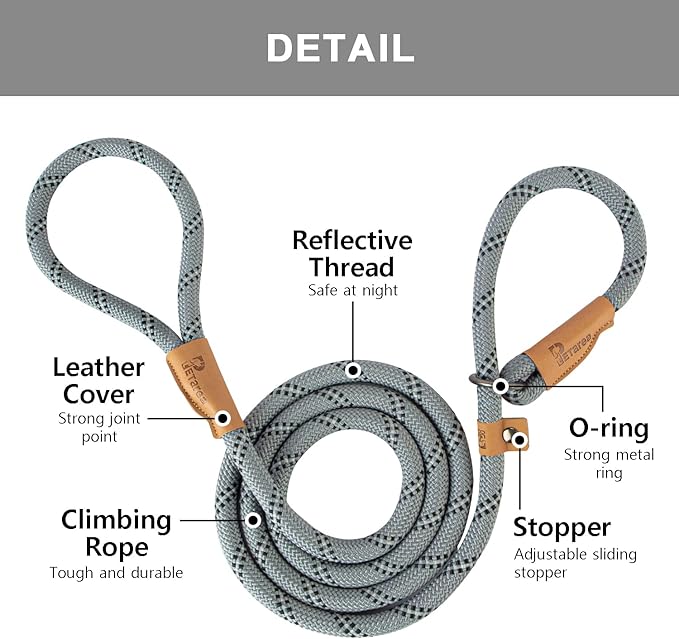 5 FT Slip Lead Dog Leash, Heavy Duty Rope Leash for Small Medium Large Dogs, No Pull Training Lead with Reflective Thread, Strong Comfortable Loop Leash (Grey Stripe, Medium(3/8"))