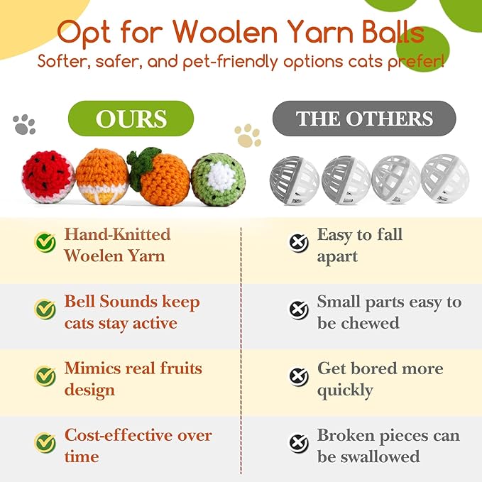 Cipsken 12 Pack Cat Toy Balls, Hand-Knitted Woolen Yarn Cat Balls Toy with Bell Inside, Interactive Kitty Toys for Indoor Kitten Teething, Chasing & Self Play(Fruit-Shaped)