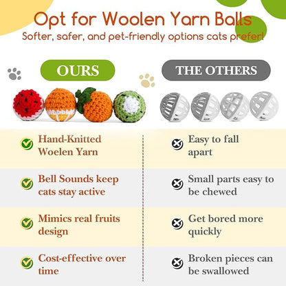 Cipsken 12 Pack Cat Toy Balls, Hand-Knitted Woolen Yarn Cat Balls Toy with Bell Inside, Interactive Kitty Toys for Indoor Kitten Teething, Chasing & Self Play(Fruit-Shaped)