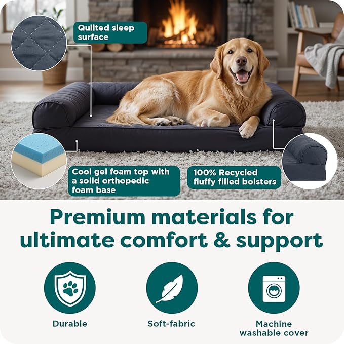 Furhaven Cooling Gel Dog Bed for Large Dogs w/ Removable Bolsters & Washable Cover, For Dogs Up to 95 lbs - Quilted Sofa - Iron Gray, Jumbo/XL