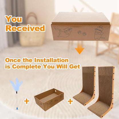 Goosheep Cat Scratching Post, 3-in1 Scratching Board for Indoor Cats, 2PK 22in L-Shaped Cat Scratcher with 1PK Cardboard Box Scratch Pad, Cats Scratch Furniture Protector with Feathered Toy