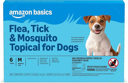 Amazon Basics Preventative Flea, Tick & Mosquito Topical Treatment for Medium Dogs (11-20 pounds), 6 Count, Packaging May Vary