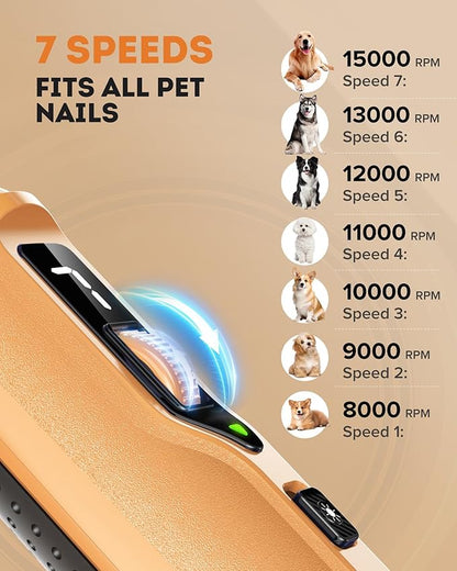 7-Speed Dog Nail Grinder with LED Light – Ultra Quiet Electric Pet Nail Trimmer for Large Dogs & Cats – Professional Grooming Tool with Dust Collector, One-Hand Speed Control & Instant Stop Safety