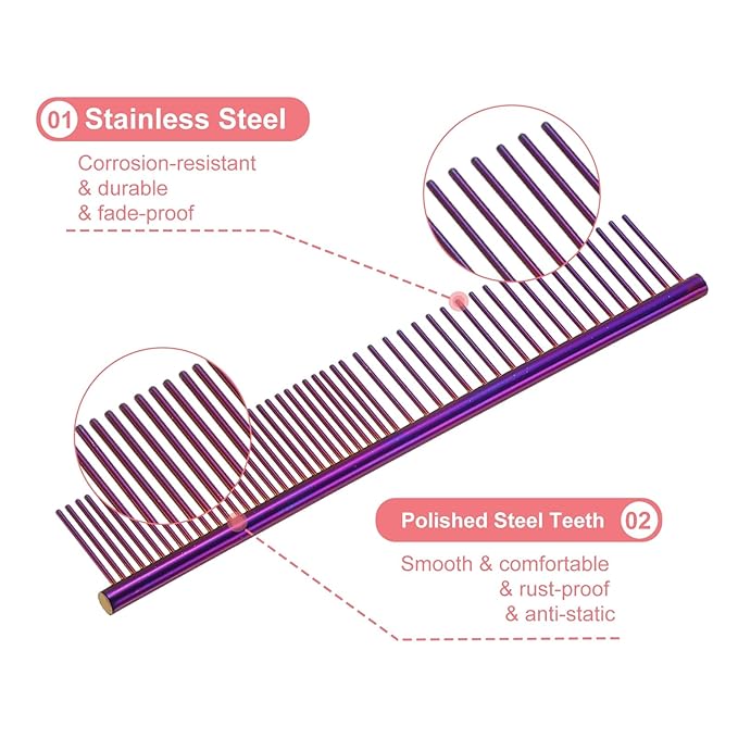 PETAXCELL Dog Cat Comb, Pet Combs Stainless Steel Teeth with Rounded Ends for Knots Mats Loose Hair Removal, 6.5IN (Purple Plated, 3 Pack), Grooming Tool Intended for Long Curly Hair Pet
