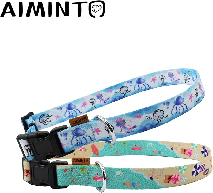 Dog Collar, Cute Holiday in Beach Pattern, Soft and Adjustable Collar with Quick Release Buckle (XS (Neck 9-13", Width 3/8"), Beach Green)