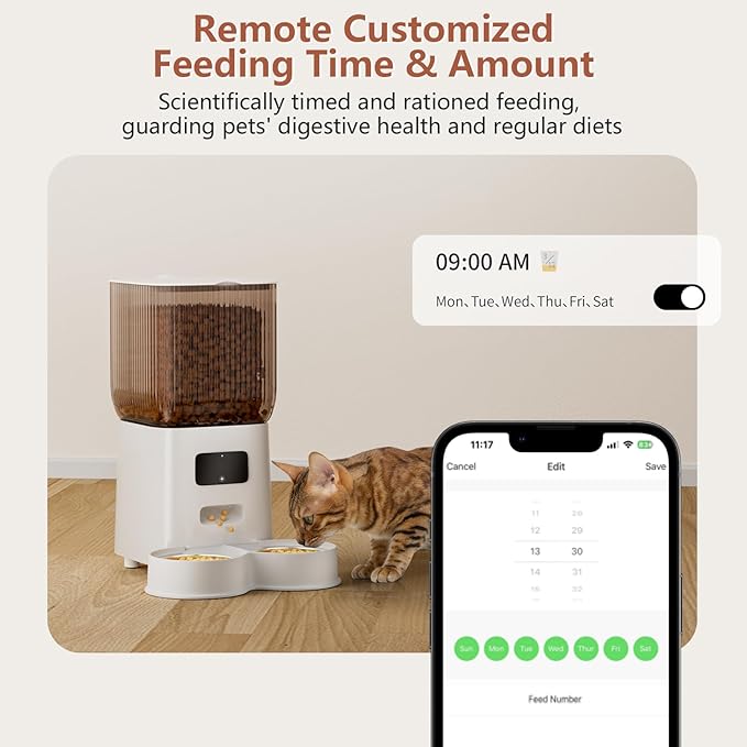 Gzenlos Cat Feeder Automatic, Automatic Cat Feeder WiFi with Remote Feeding Cat Food Dispenser for 2 Cats, 5L Pets Timed Automatic Feeders with Dual Power Supply