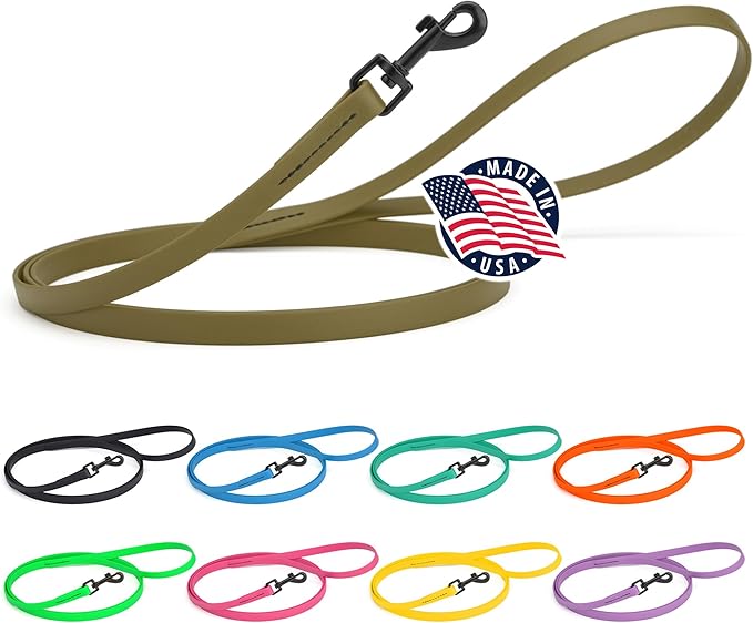 Dogline Biothane Waterproof Dog Leash Strong Coated Nylon Webbing with Black Hardware Odor-Proof Easy to Clean High Performance for Small or Large Dogs Made in USA 4 or 6 ft Lead, Olive Drab Green