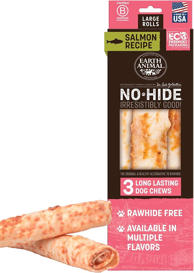 Earth Animal No Hide Chews - Long Lasting Rawhide Free Large Dog Chews Rolls, Salmon - 3 Count Value Pack