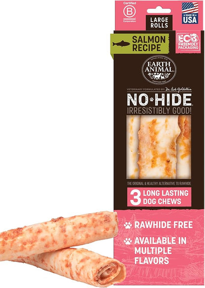 Earth Animal No Hide Chews - Long Lasting Rawhide Free Large Dog Chews Rolls, Salmon - 3 Count Value Pack