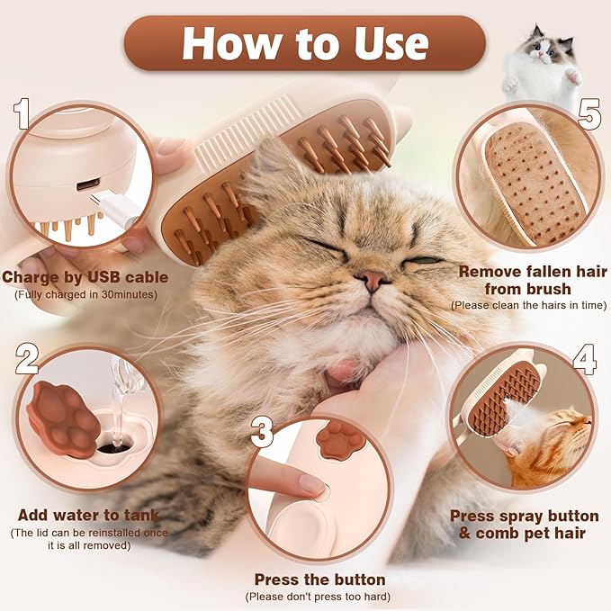 Cat Steam Brush for Dog & Cat, Spritz Defur Comb 3 in 1 Pet Rechargeable Steam Brush Tool for Long and Short Haired Cats and Dogs, Anti-Static, Shedding, Detangling, Massage & Combing (White)