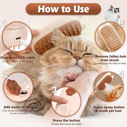 Cat Steam Brush for Dog & Cat, Spritz Defur Comb 3 in 1 Pet Rechargeable Steam Brush Tool for Long and Short Haired Cats and Dogs, Anti-Static, Shedding, Detangling, Massage & Combing (White)