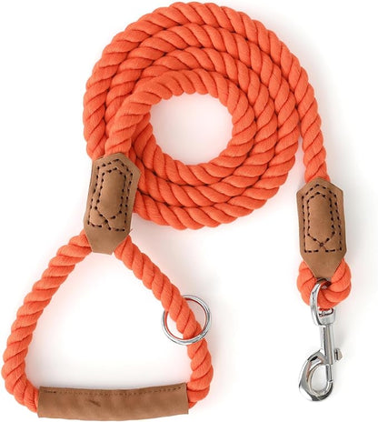 Mile High Life Dog Leash, Braided Cotton Rope Leashes with Leather Handle - Heavy Duty Metal Clasp, 4FT, 1/2" Thick - Wedding, Walking & Training Leash for Small Medium Large Dogs (Orangeade)