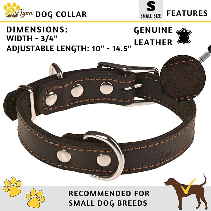 Heavy Duty Black Leather Dog Collar - Soft and Strong Dog Collar for Puppy or Small Breeds (Small: Fit 10" - 14.5" Neck, Black)