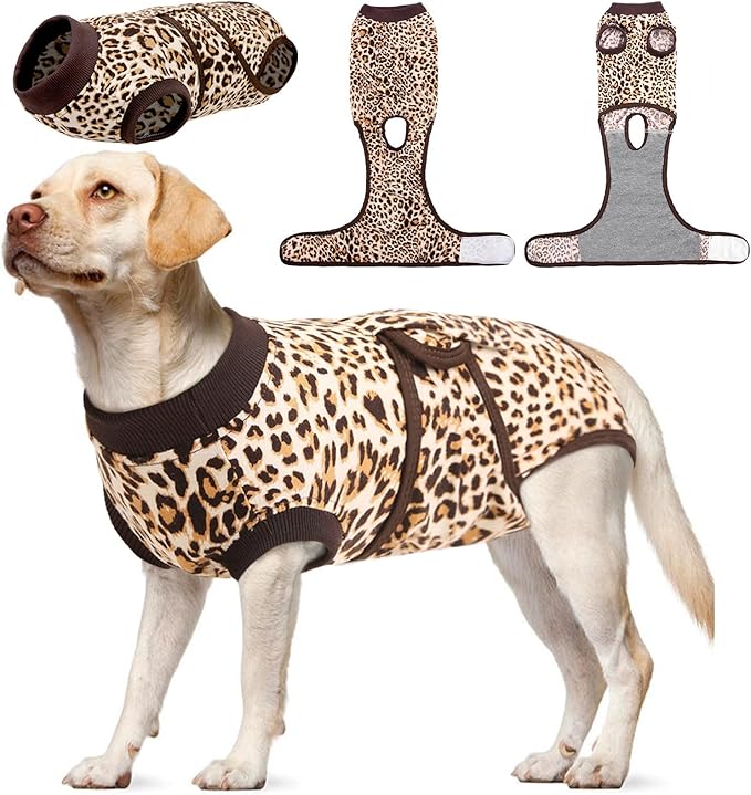 Kuoser Dog Recovery Suit Female, Dog Recovery Suit Female Doggie Onesie for Surgery, Post-Op Onesie for Female & Male Dogs, Soft Protective Wear, BrownLeopard L