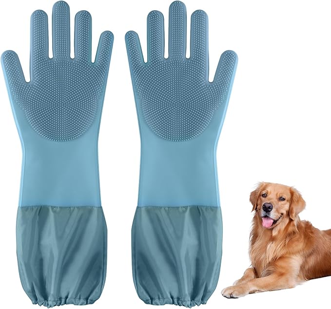 Senquoyn Dog Washing Gloves | Pet Grooming Gloves | Extra Long Arms (17.3") for Cats & Dogs | Massage & Hair Removal Pet Glove (Hazy Blue)