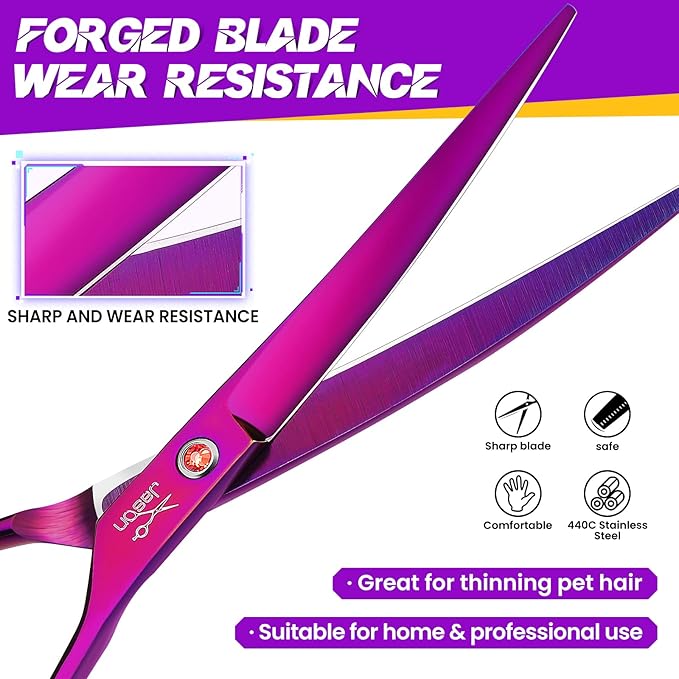 JASON Curved Shears for Dogs - 7.5" Pet Grooming Scissors with Ergonomic Handle Japanese Stainless Steel Trimming Scissor for Dogs, Cats and Other Pets, Sharp (Up-Curved, Purple) Christmas Gift