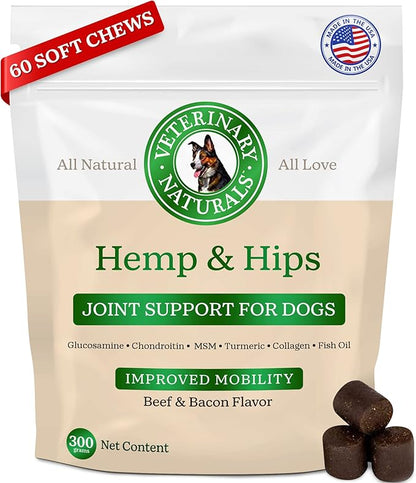 Veterinary Naturals Hemp & HIPS Joint Supplement for Dogs/Supports Relief from Hip and Joint Pain in Large, Aging Dogs (Regular, Beef & Bacon)