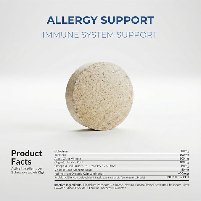 Allergy Support for Dogs - 120 Chewable Tablets - with Vitamin C, Omega 3 and Colostrum - Itch Relief, Allergy Relief for Dogs, Skin Soother - with Probiotics for Immune System Health