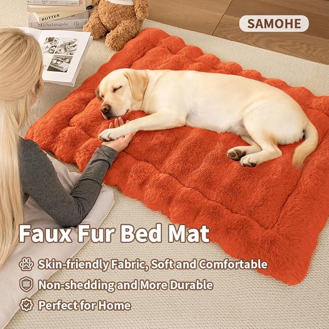 SOMAHE Self-Warming Dog Bed, Plush Faux Fur Mat with Anti-Slip Bottom, Ultra Soft Heated Pet Bed for Medium Large Dogs, Cozy Fluffy Pad for Carriers Couch Crate, Machine Washable, 35 x 27 Inch Orange
