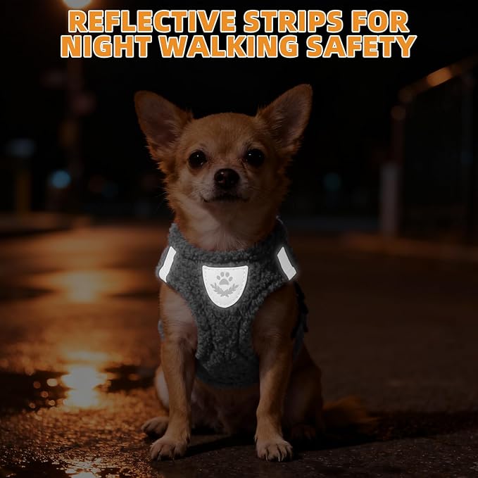 KOOLTAIL Plush Small Dog Harness and Leash Set, Warm Fleece No Pull Puppy Vest for Winter, Lightweight Reflective Step in Pet Harness for Medium Sized Dogs Boy Girl Outdoor Walking Cute Soft, Gray S