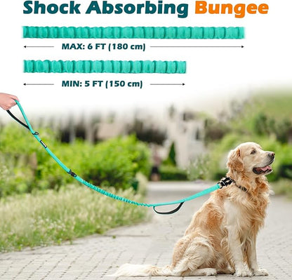 PetBonus Heavy Duty Tactical Dog Leash, 5 FT Bungee Shock Absorption Leash with 2 Padded Handles, Quick Release Metal Clip, Car Seatbelt, No Pull Training Lead for Large Medium Dogs（Turquoise）