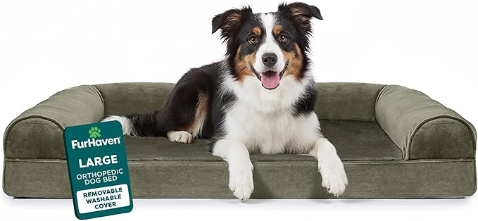 Furhaven Orthopedic Dog Bed for Large/Medium Dogs w/ Removable Bolsters & Washable Cover, For Dogs Up to 55 lbs - Faux Fur & Velvet Sofa - Dark Sage, Large