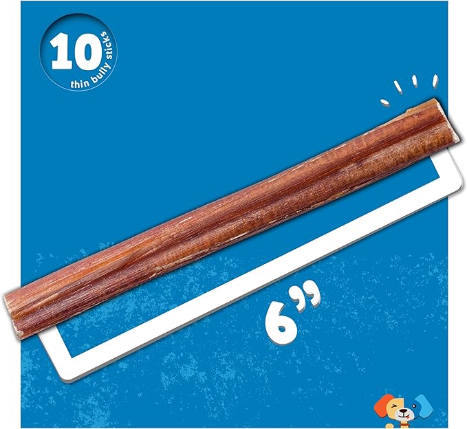 Jack&Pup 6 Inch Thin Bully Sticks for Small Dogs (10 Pack) Natural Dog Chews, Bully Sticks for Puppies, Senior Dogs