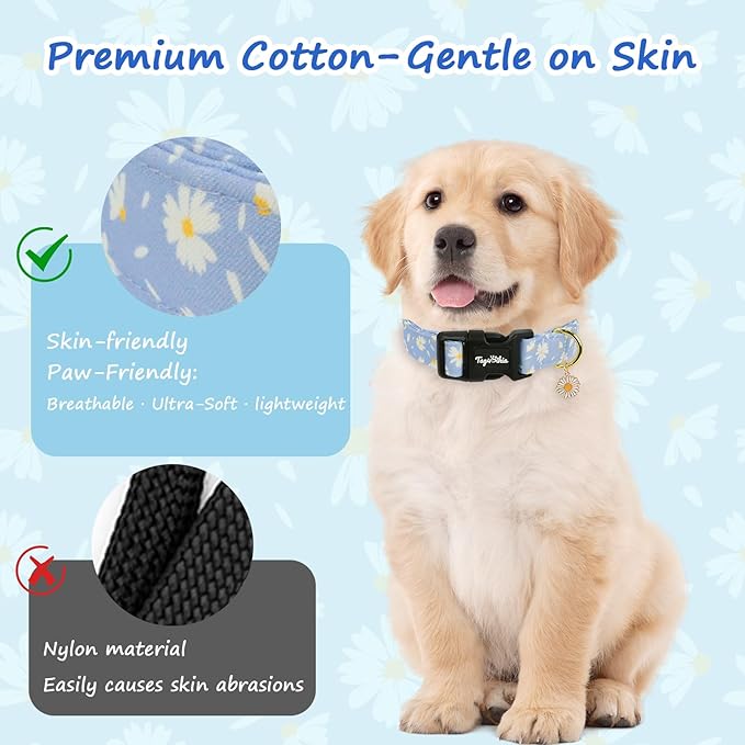 Dog Collar with Daisy Patterns, Spring Summer Collection Blue Dog Collar with Exquisite Pendant, Durable Adjustable Collars for Gifts & Daily Use-L