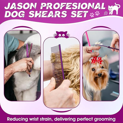 JASON Dog Grooming Scissors Set - Professional 6 in 1 Dog Shears Kit - 6.5" Thinning, 7" Straight, 7" Up-Curved, 7" Down-curved Scissors and Comb for Dog Cat Pet with Adjustable Screw (Purple) Gift