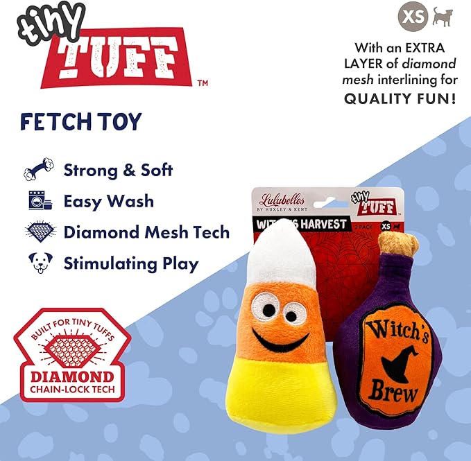 Huxley & Kent Halloween Funny Dog Toy w/Squeaker – Power Plush Squeaky Dog Toys for Small Dogs – Durable Small Stuffed Animal for Indoor Play & Fetch - Tiny Tuff Witch's Harvest 2pk