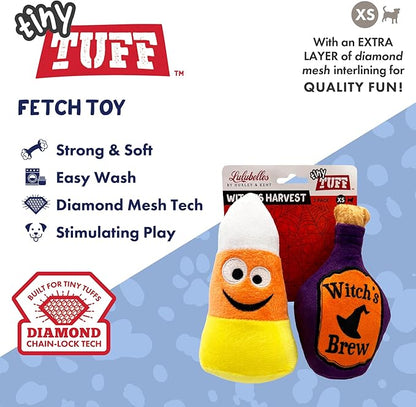 Huxley & Kent Halloween Funny Dog Toy w/Squeaker – Power Plush Squeaky Dog Toys for Small Dogs – Durable Small Stuffed Animal for Indoor Play & Fetch - Tiny Tuff Witch's Harvest 2pk